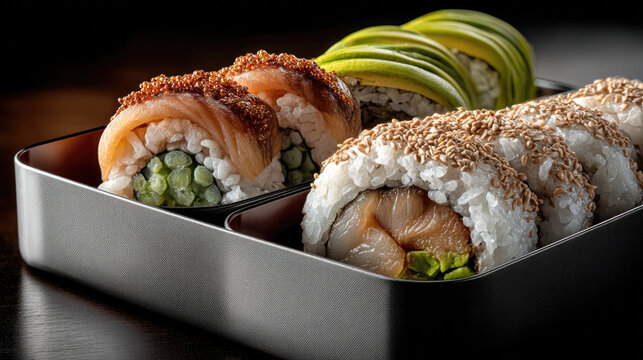 Sushi bento box with assorted sushi rolls, avocado topping, sesame seeds, and fresh fish, presented on dark background