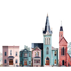 Obraz premium Colorful row of unique architectural buildings featuring churches and homes in a serene setting