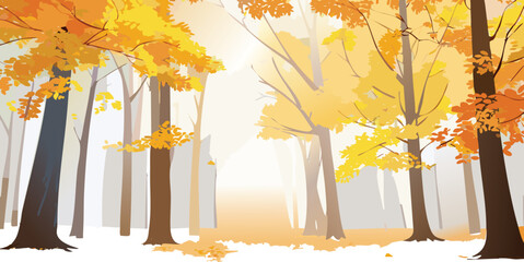A serene forest scene in autumn, tall trees with golden-yellow leaves, dappled sunlight filtering through, soft fog settling, perspective from forest floor looking up, photorealistic 8K resolution