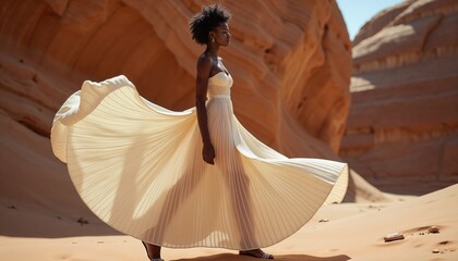 Graceful woman in a flowing white dress walking through a sandy canyon under bright sunlight