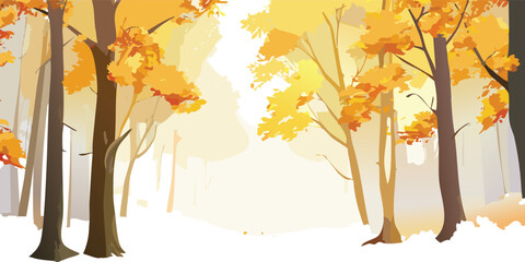 A serene forest scene in autumn, tall trees with golden-yellow leaves, dappled sunlight filtering through, soft fog settling, perspective from forest floor looking up, photorealistic 8K resolution