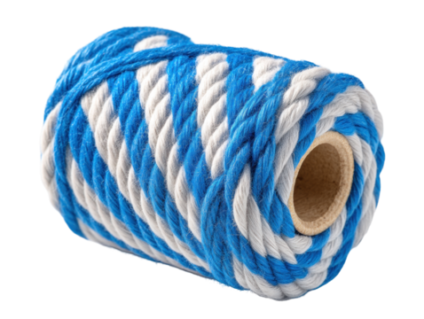 Blue and white twisted rope isolated on transparent background with clear details and texture