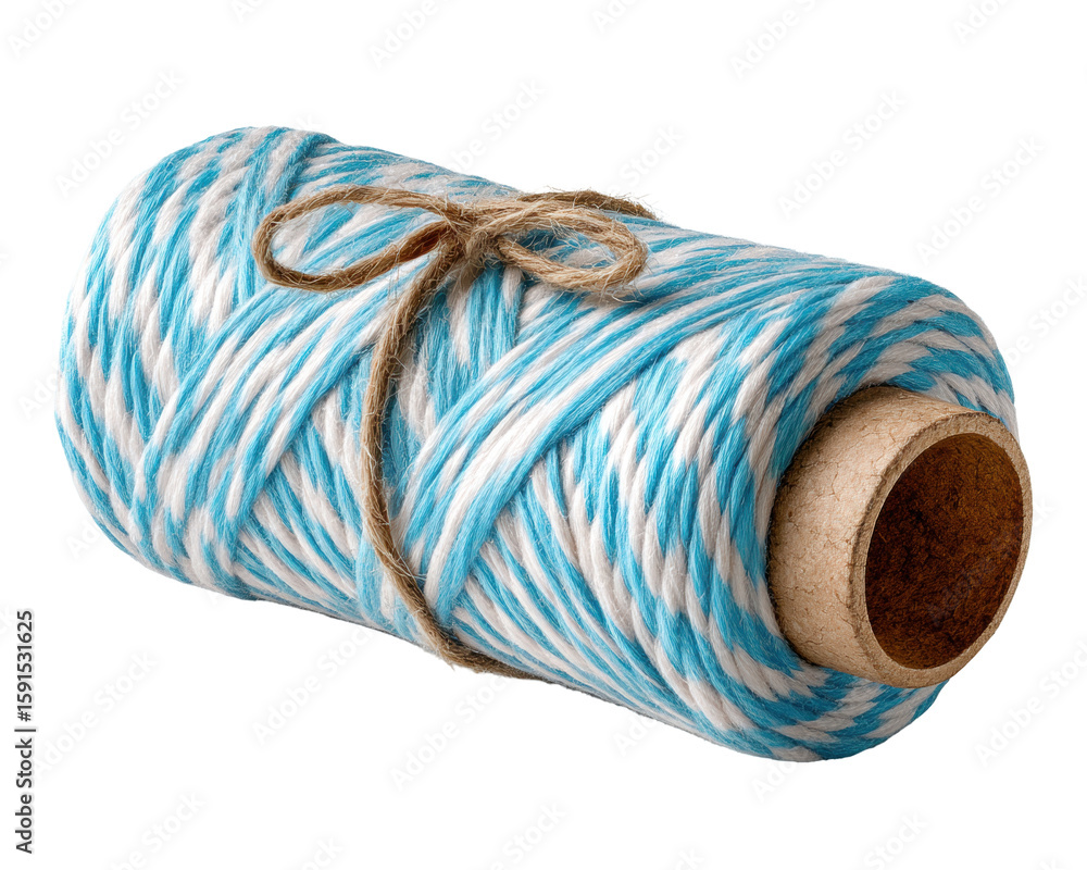 Poster blue and white twine isolated on transparent background with natural string tied on spool