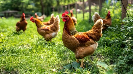 Detailed Close-Up of a Chicken in a Green Field with Other Chickens