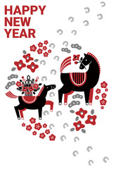 2026 New Year's card illustration（Parent and child of horse and horse's footprints)