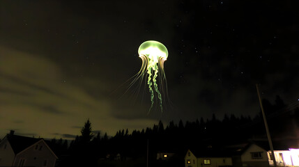 Large bioluminescent jellyfish floats in a dark night sky above houses and trees