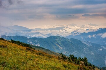 Obraz premium Panorama view autumn mountain and colorful forest. Autumn mountain landscape after rain, humid forest, water evaporation.