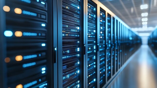 Server room, rows of network equipment