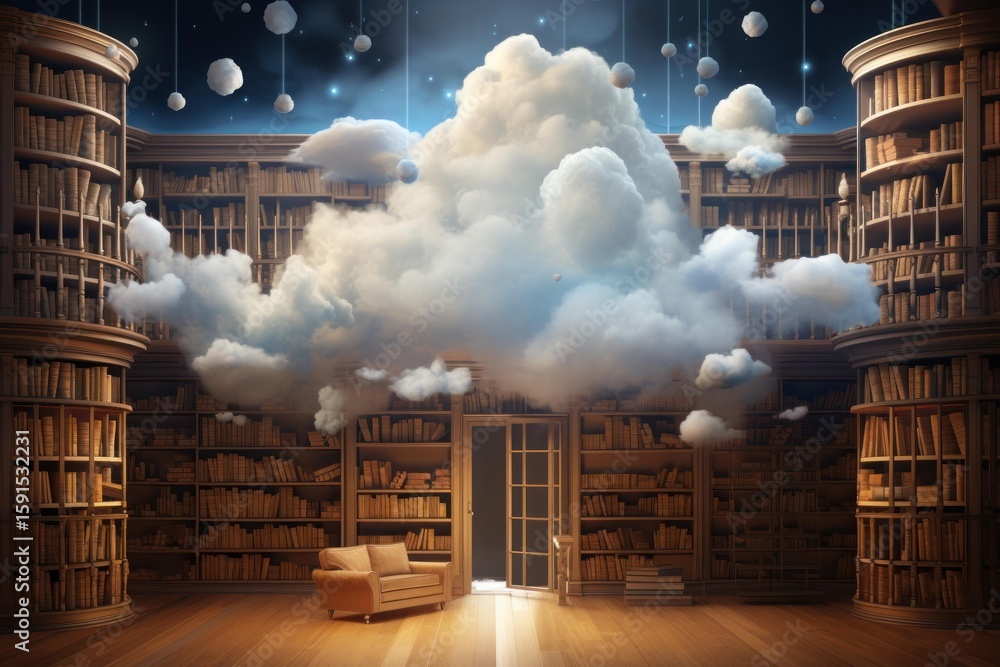 Poster fluffy clouds floating inside a library, creating a dreamy atmosphere of knowledge and imagination