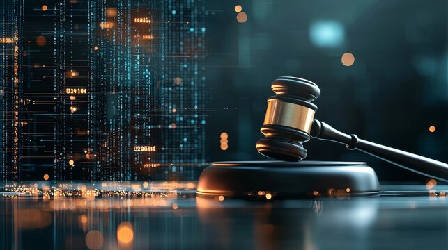 Judicial proceedings virtual courtroom digital art futuristic environment close-up view justice and technology