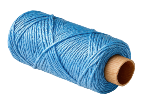 Blue twine isolated on transparent background with wooden core for crafting or packaging use