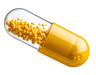 Vitamin D Capsule in Mid-Air with Yellow Pellets Floating  Isolated Transparent Background PNG