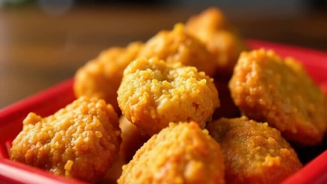 A close-up view of golden, crispy chicken nuggets arranged in a red tray. The nuggets are breaded and appear freshly cooked, ideal for fast food or casual dining.