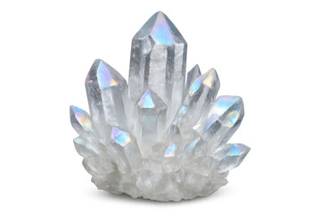 Aura quartz crystal cluster sparkling on a transparent background, showcasing its ethereal beauty and unique iridescence