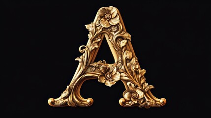 Ornate Golden Letter A Adorned with Floral Motifs on a Black Backdrop