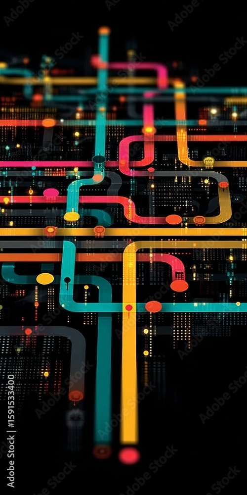 Poster dynamic and colorful network abstract featuring interconnected lines and futuristic design elements