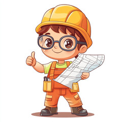 Fototapeta premium A cheerful cartoon of a young engineer in a yellow hard hat and glasses, holding blueprints and giving a thumbs-up.
