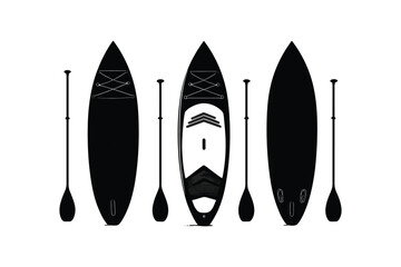 black silhouette set of surfboards and paddles