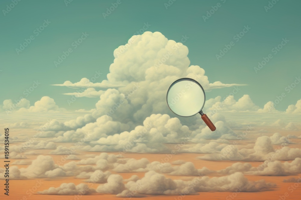 Poster magnifying glass exploring a cloudy sky, searching for answers and investigating weather patterns