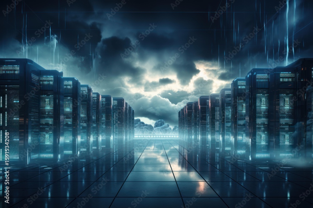 Aufkleber rows of server racks glowing in a futuristic data center with storm clouds and light trails