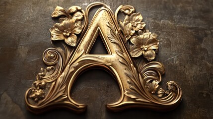 Ornate Golden Letter A with Floral Accents on Dark Textured Background