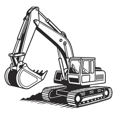 Black and white excavator digging earth construction heavy machinery