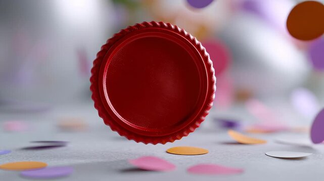 Celebrate achievement with festive gamified learning reward system, using red token and joyful confetti