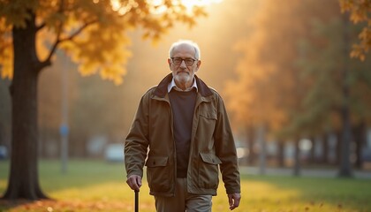 elderly man walking with a cane in a peaceful autumn park during golden hour