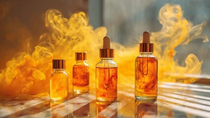 Glass dropper bottles filled with vibrant orange liquid are arranged on a reflective surface, surrounded by swirling smoke, creating an artistic and captivating atmosphere for beauty and wellness prod