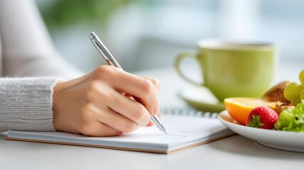 Focused woman writing her hormone balancing diet plan in notebook with healthy food for nutrition and wellness