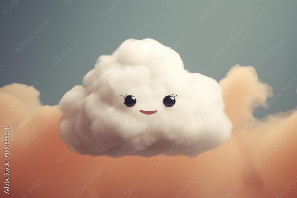 Fototapete 3d rendering of a happy, smiling cloud floating against a colorful gradient background