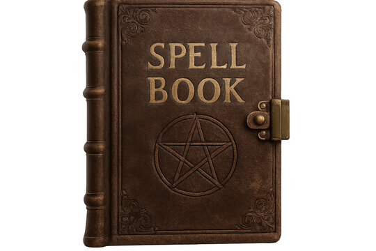 Closed leather spell book with embossed pentagram and golden title showing magical knowledge, isolated on transparent background