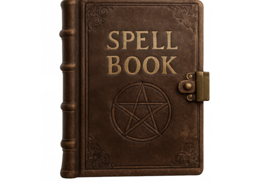 Closed leather spell book with embossed pentagram and golden title showing magical knowledge, isolated on transparent background