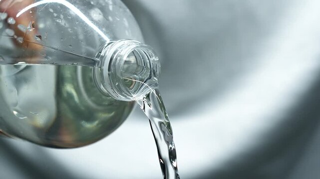 A man pours clear and clean water from a plastic bottle.
A stream of water pours from the bottle, close-up on a white background.
Drops and splashes of water from a plastic bottle