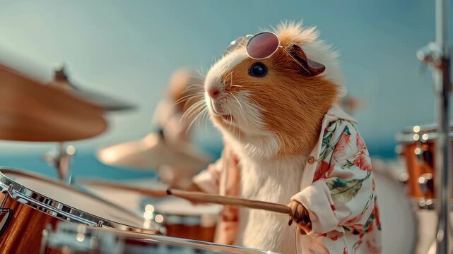Adorable guinea pig wearing sunglasses and a floral shirt, energetically playing drums on a sunny outdoor stage, showcasing a fun and lively atmosphere of a unique animal performance