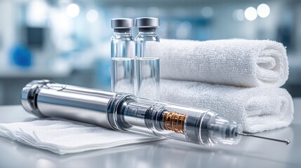 Needle-Free Injector & Hygiene: Advanced needle-free injector alongside sterile vials and pristine white towels, symbolizing cutting-edge healthcare and cleanliness.