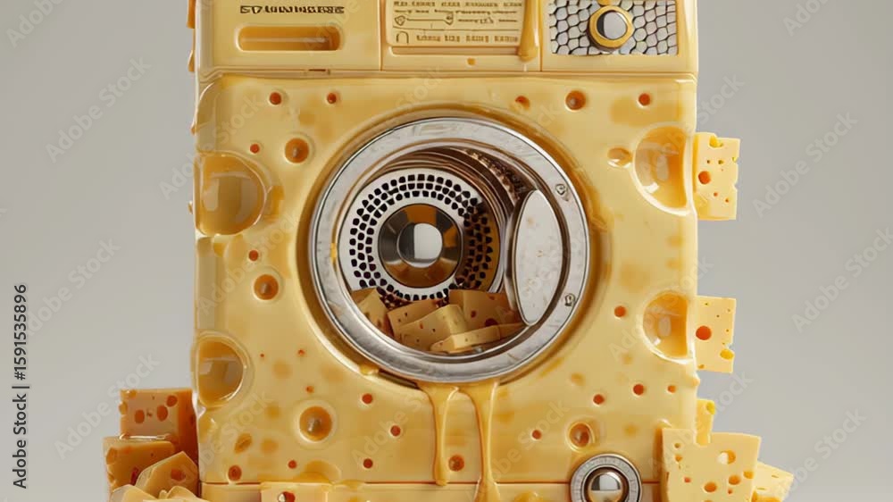 Poster unique washing machine design made entirely of cheese, featuring a metallic drum and cheese texture,