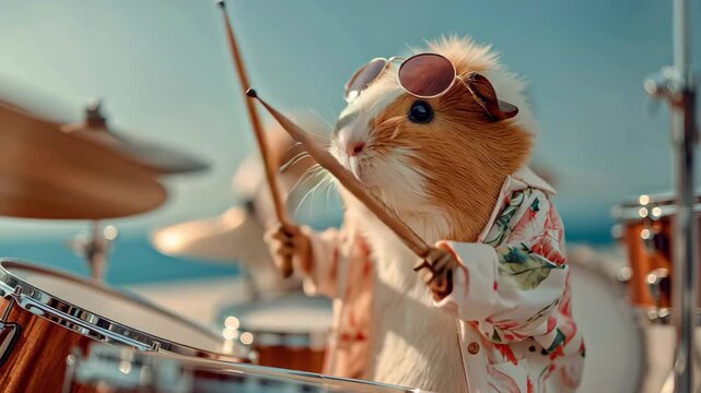 Adorable guinea pig wearing sunglasses, energetically playing drums on a vibrant outdoor stage, showcasing a lively atmosphere and fun musical performance with colorful instruments and bright backgrou
