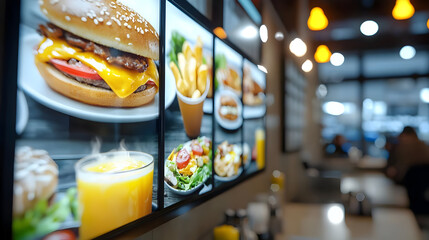 Digital menu board showcasing various fast food items.  Images of burgers, fries, chicken, salad, and drinks are displayed on multiple screens.  A blurred restaurant interior is in the background