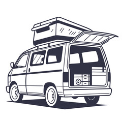 Camper van with pop top and open rear pop top roof