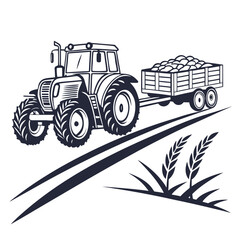 Dark blue tractor pulling trailer with harvest farm agriculture