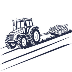 Dark blue tractor towing trailer on grassy field farming agriculture