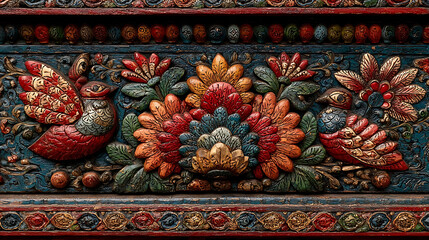 Colorful ornate carved wood panel with floral and bird motifs