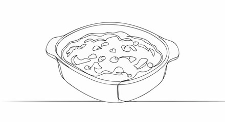 A line drawing of delicious food in a dish, ready to be enjoyed.