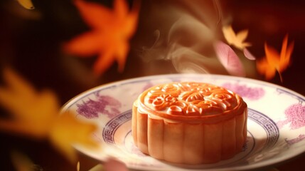 Single mooncake on decorative purple floral and geometric plate with ornate embossed top, emitting steam, set against softly blurred autumn leaves in warm orange, yellow, and pink tones.