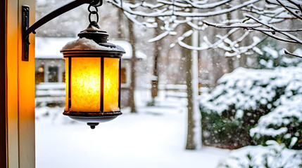 Warm lantern lights up snowy winter scene.  Snowy backyard, outdoor light, winter wonderland, soft yellow glow, frosted branches, tranquil scene,  outdoor light fixture,  peaceful ambiance