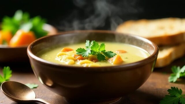 A bowl of steaming soup with carrots and herbs, accompanied by slices of bread on a wooden table. The scene conveys warmth and comfort.