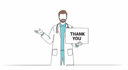 An illustrated doctor expresses gratitude by holding a Thank You sign