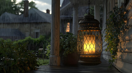 A warm lantern on a porch, bathed in rain, overlooks a weathered house