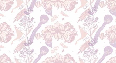 Fototapeta premium A beautiful floral pattern featuring delicate hand-drawn elements of flowers, spoons and leaves.